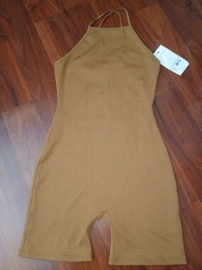 Women's Ribbed Halter One-Piece Romper in Camel